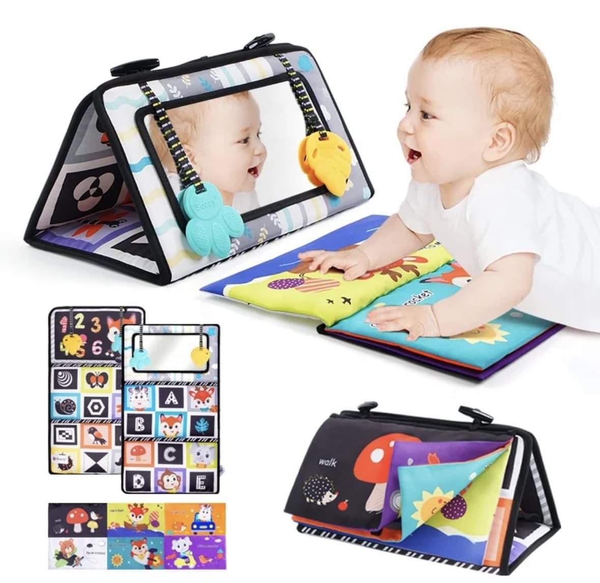 Jinglers MultiFeature Tummy Time High Contrast Books And Mirror | Sensory Books For 3 Month Old Baby | Tummy Time Toys | Sensor
