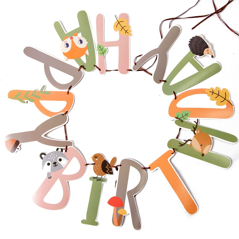 Sunbeauty Woodland Party Decorations Woodland Happy Birthday Banner Forest Animal Garland For Kids Boys Girls Baby Shower Woodla