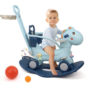 Ancaixin 4 In 1 Rocking Horse Ages 1-3, Baby Rocking Toy Birthday Gift For Toddlers 1-3 Years Old, Balance Bike Ride On Toys With Push Handle, Backrest And Balance Board For Baby Girl And Boy, Blue