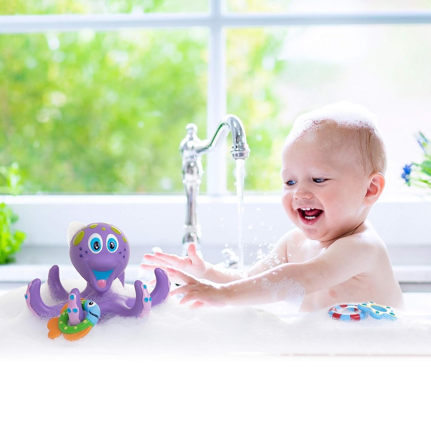Nuby Floating Purple Octopus With 3 Hoopla Rings And Nuby Starfish Ring Toss Bath Toy With 3 Toss Rings