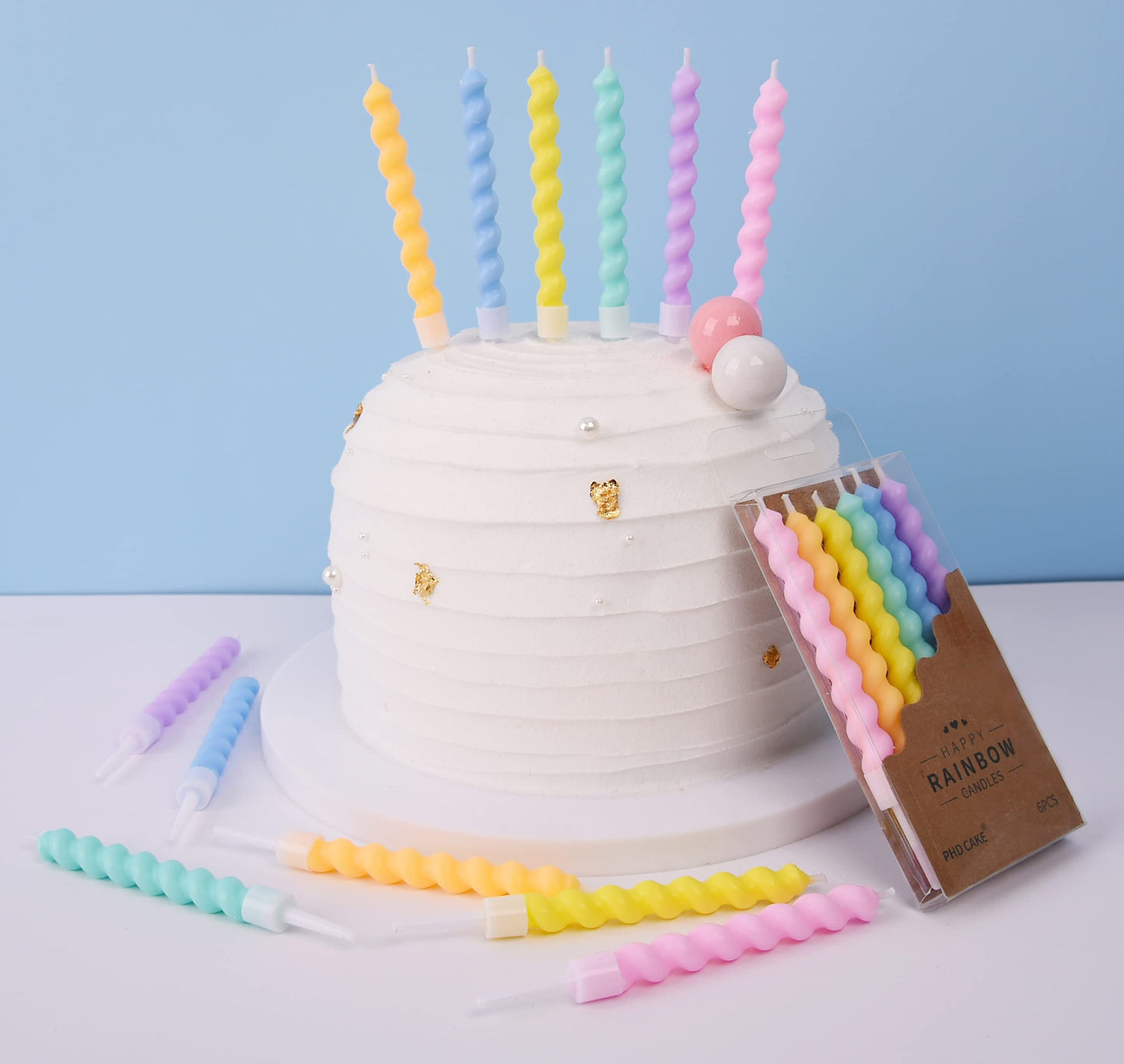 PHD CAKE Rainbow Spiral Birthday Candles - 36-Count, Wax Material, Includes Holders, Party Cake Decor