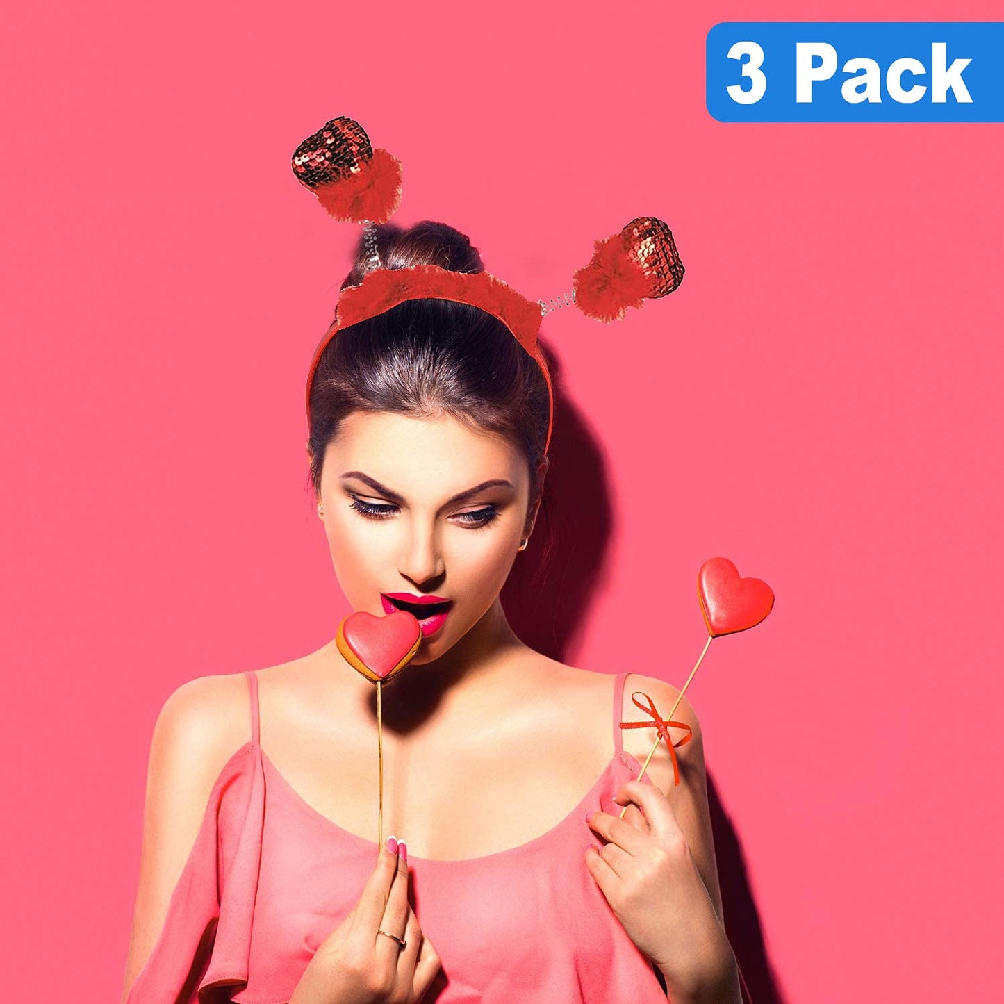 PMU Valentines Day Red Sequin Heart Head Boppers Headband Holiday Party Costume Accessories and Photo Props (1/Pkg) Pkg/1