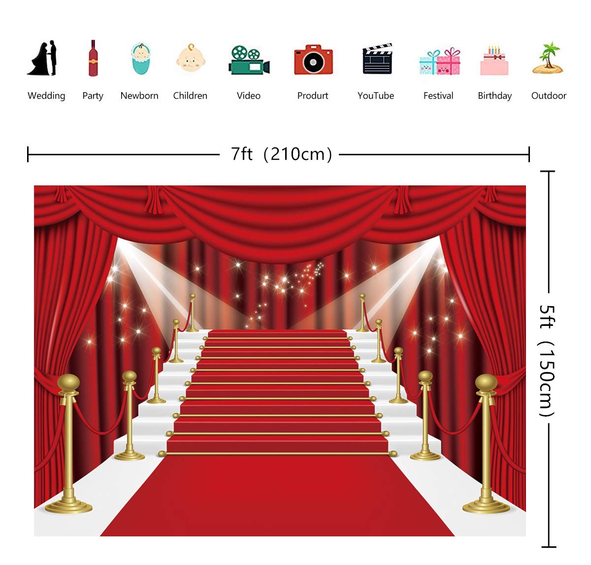 Inrui Red Curtain Stage Photography Background Red Carpet Film Red Curtain Stars Celebrity Party Banner Backdrop (7X5Ft)