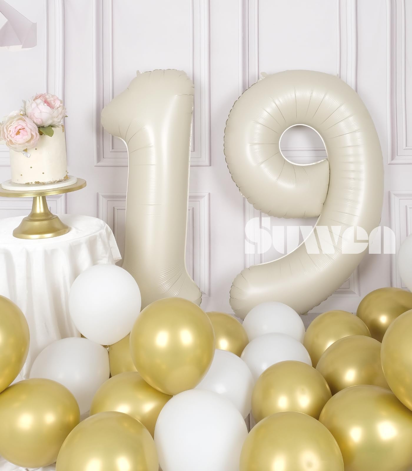 Suwen 40 Inch Cream White Large 19 Number Balloons Big Foil Helium Number Balloons 0-9 Jumbo Happy 19Th Mylar Birthday Party Dec