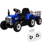 12V Kids Ride On Tractor With Trailer & Remote Control, Toddler Battery Powered Electric Car Slow Start 7Led Headlights Usb Music Player 2+1 Gear Shift, Blue, 25W/Treaded Tires