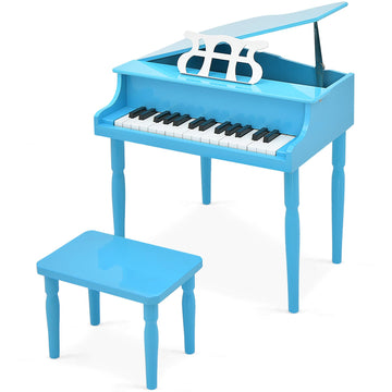 Goplus 30-Key Classical Kids Piano, Mini Grand Piano Wooden Learn-to-Play Musical Instrument Toy with Bench, Piano Lid, Music Ra