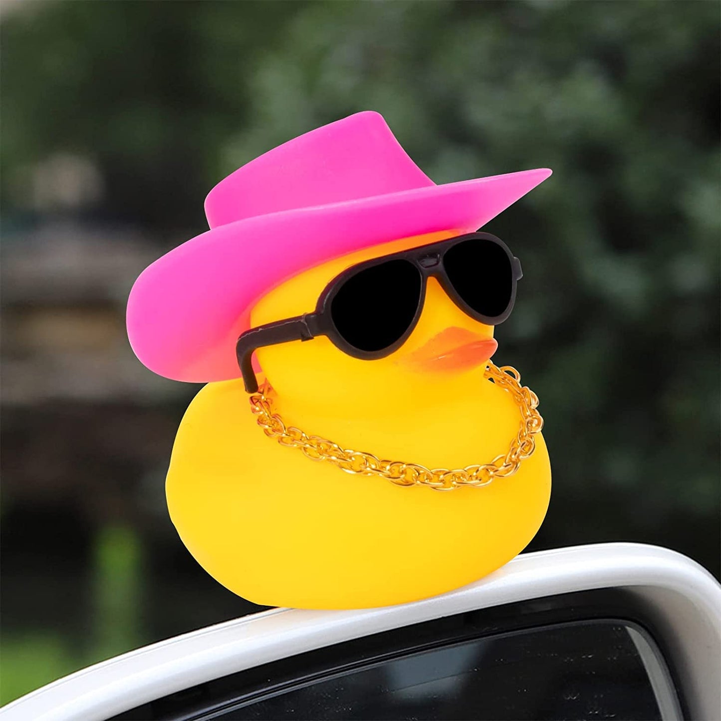 Wonuu Pink Car Accessories Rubber Duck Decoration Dashboard Car Ornament With Swim Ring Necklace Mini Cowboy Hat And Sunglasses