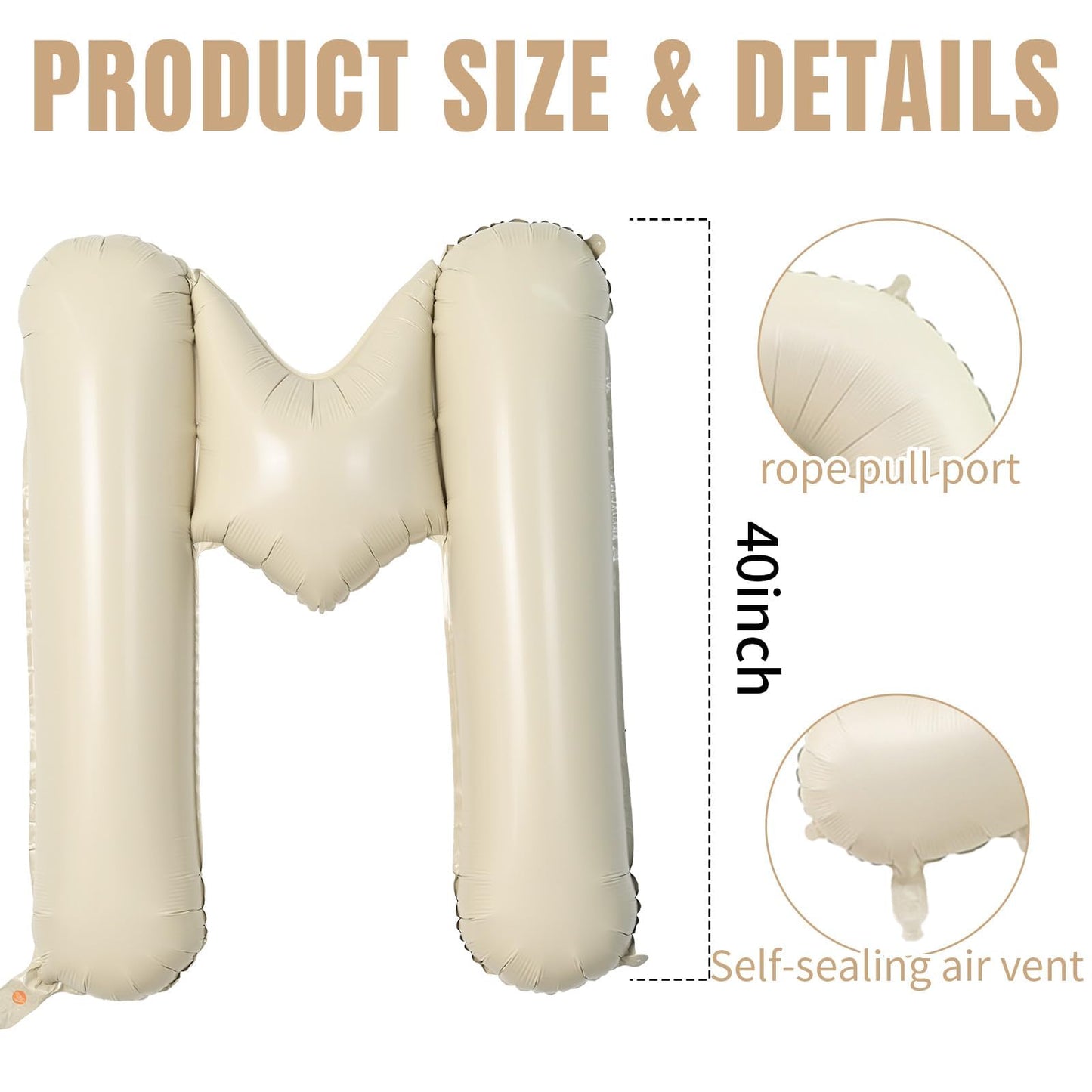 40 Inch Cream Letter Balloons, Large M Letter Balloons Foil Helium Balloons, Mylar Big Single Alphabet M Balloons, Cream Balloon