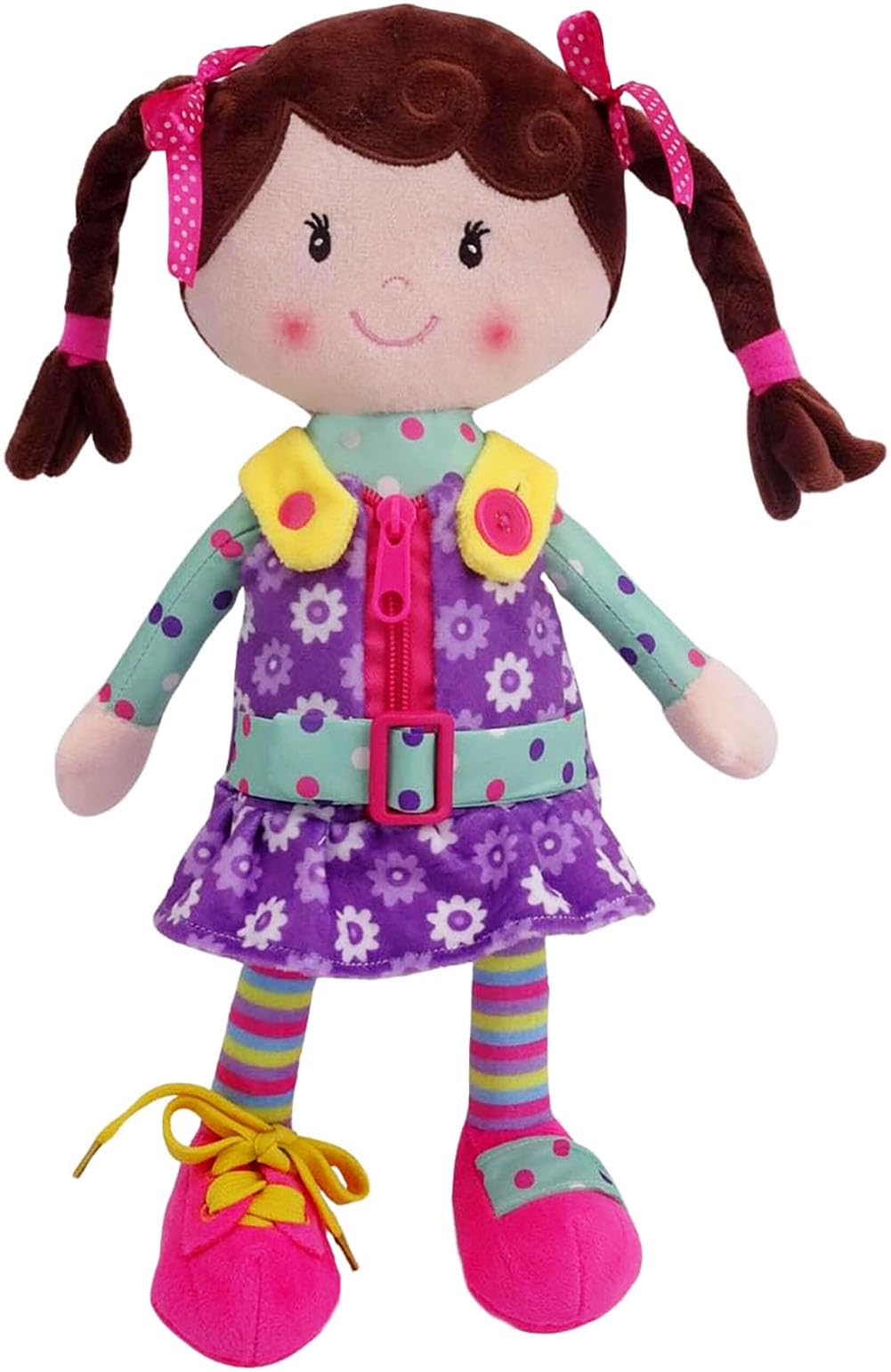 Snuggle Stuffs Sugar Snap Plush Doll - 15 Montessori Toy for Toddlers, Learn to Dress - Zipper, Snaps, Buttons, Buckle - Purple Dress