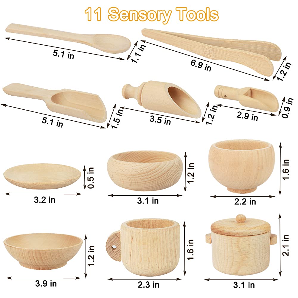 12 Pcs Wooden Sensory Bin Tools, 1 Wooden Box + 11 Sensory Tools For Toddlers & Preschool Children, Montessori Sensory Wooden Toys Fine Motor Learning Pretend Play For Kids