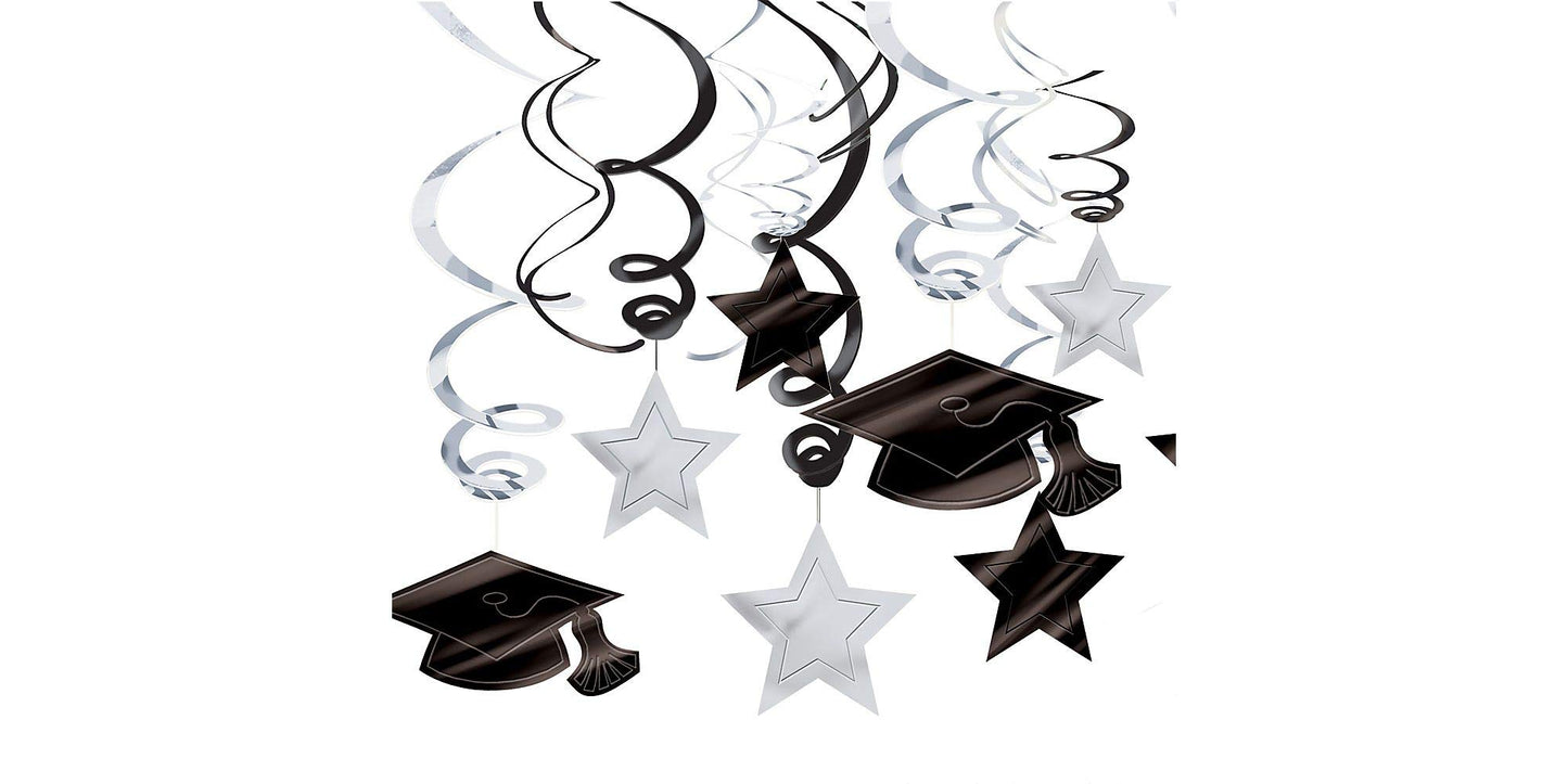 Amscan Graduation Hanging Foil Swirl Decoration, White and Black, 30 Pcs