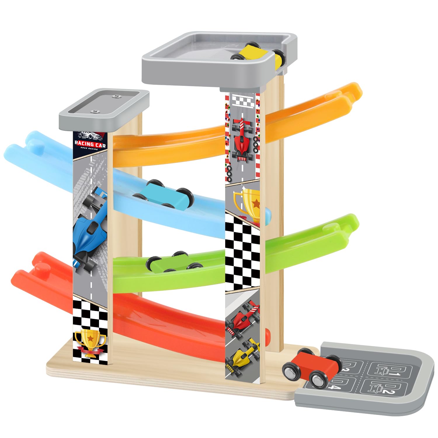 Wooden Car Ramp Toy Set  Montessori Ramp Set Includes 4 Mini Cars and Track - Educational Gift for Boys and Girls 3+ Years Old