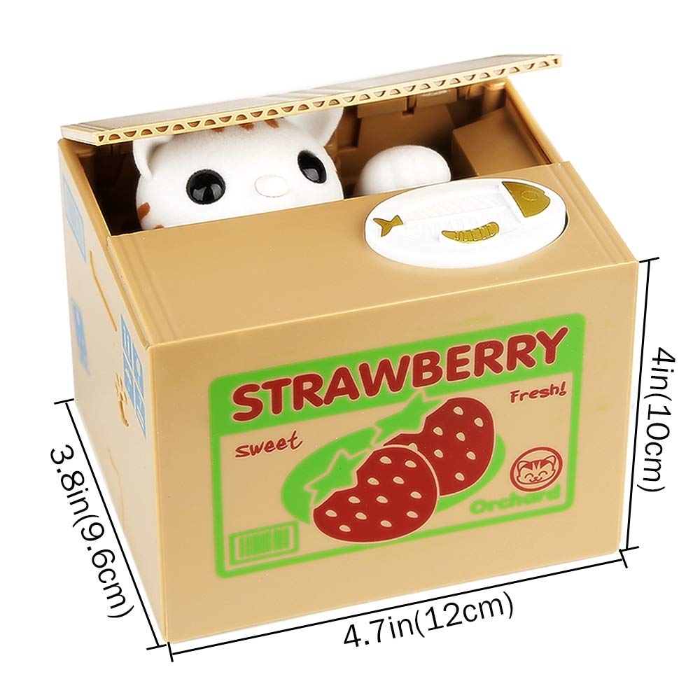 HmiL-U Cat Stealing Money Bank, Large Strawberry Piggy Bank, Cardboard, Model 8803, Automatic Coin Saver Gift for Kids