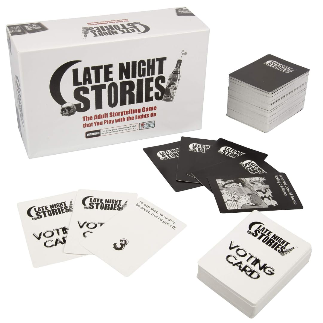 Late Night Stories mature-themed Party Game- Can You Weave a Story w/ The Cards Given to You? 250 Original Art Cards  3-8 Players  Tell Your Tale & Earn the Best (or Worst) Votes  Fun Colleges 18+  Xmas Gift