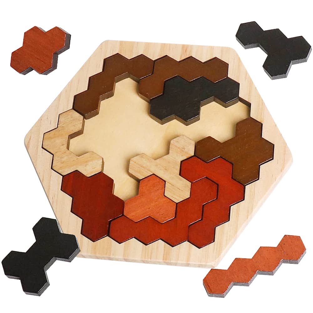 Skrtuan Wooden Hexagon Puzzle For Kid Adults, Colorful Shape Pattern Block Tangram Brain Teaser Toy Geometry Logic Iq Game Stem Montessori Educational Gift For All Ages Challenge Children