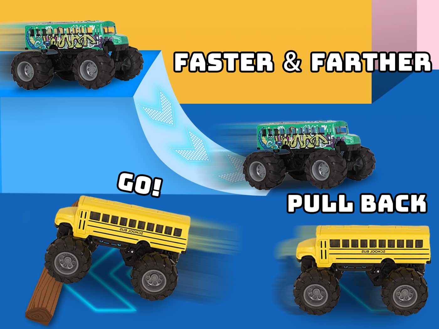 Crelloci School Bus Monster Truck Toy - 2 Pack Set Die Cast Yellow School Bus Toy, Pull Back Car Toys, Big Wheel Monster Truck P