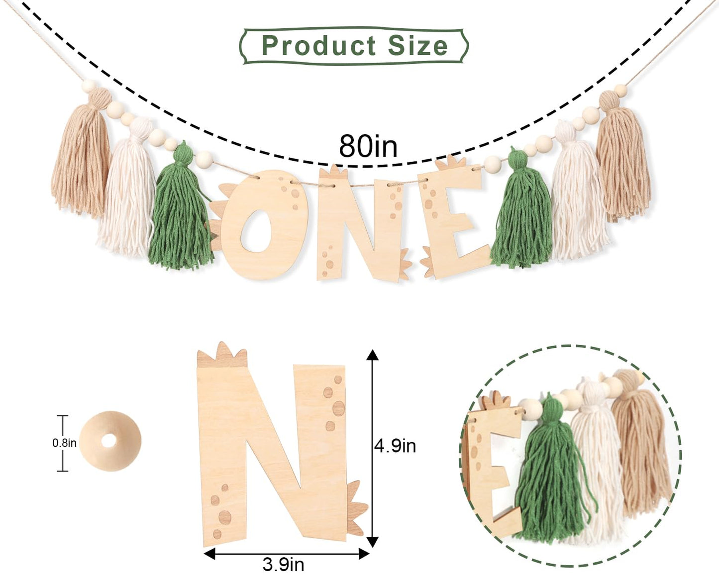 Agkvw Dinosaur 1st Birthday High Chair Banner - Dinosaur First Birthday Decorations Boy, Wooden One Tassel Highchair Banner, Boy