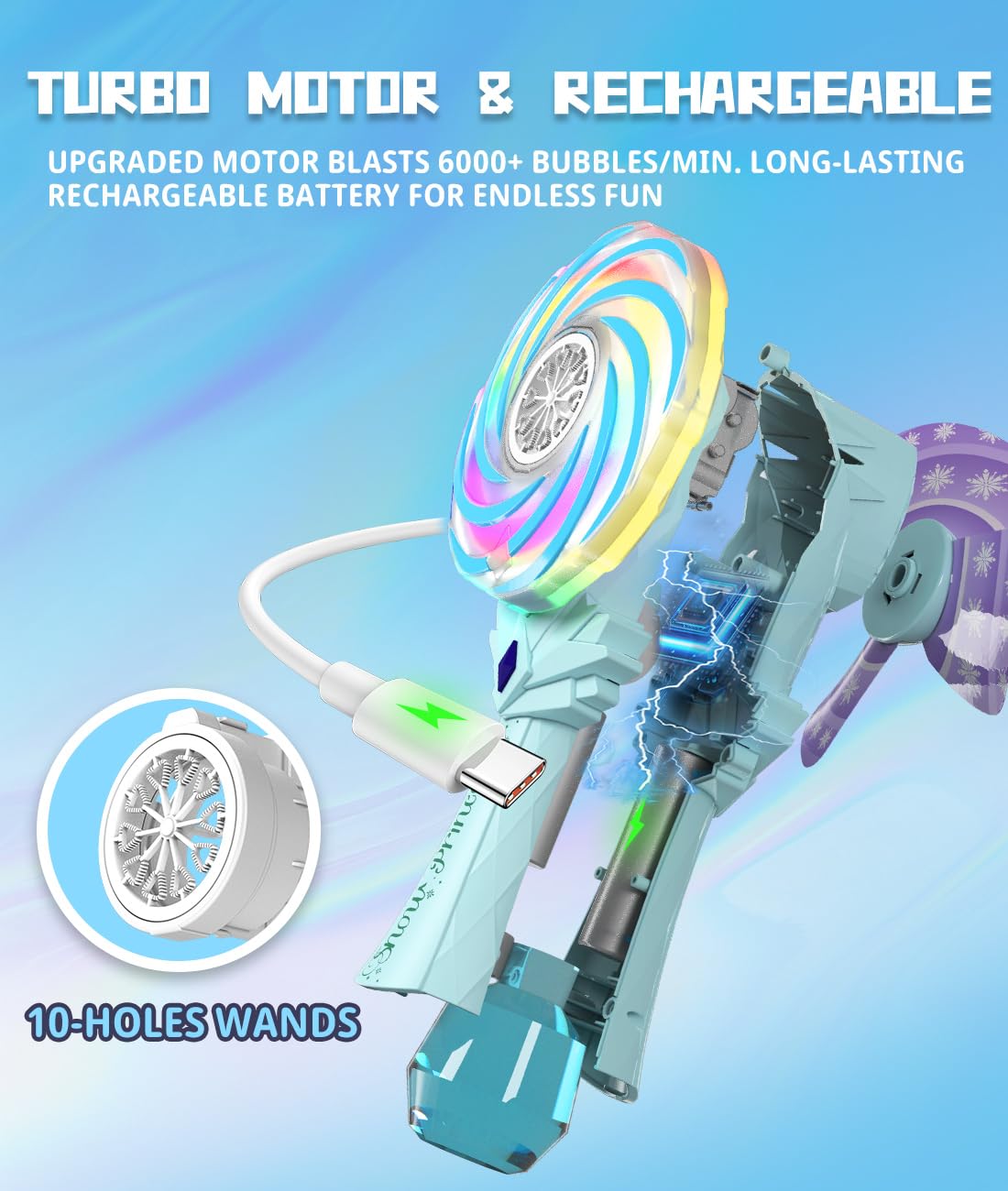 Bubble Wand - Rechargeable Bubble Machine for Kids with Color-Changing Lights & Windmill Lollipop Design - Gifts Toys Ages 3+ fo