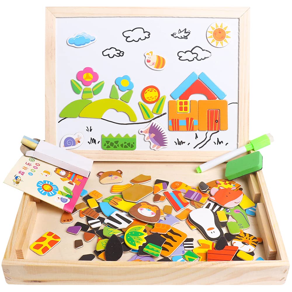 Skrtuan Educational Wooden Toys for Kids Toddlers Magnetic Puzzles Wooden Art Easel Double Side Learning Games Montessori Puzzle