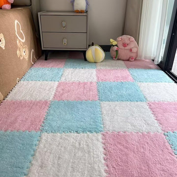 18pcs Plush Puzzle Foam Floor Mat, 11.8x11.8in Soft Anti-Slip Puzzle Area Rug Playmat for Room,Pink+Blue+White