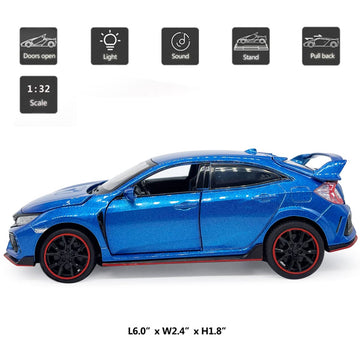 2017 Civic Type R Model Car Hatchback Sports Diecast Toy Cars 1/32 Scale Metal Pull Back Children's Die-cast Vehicles, Doors Ope
