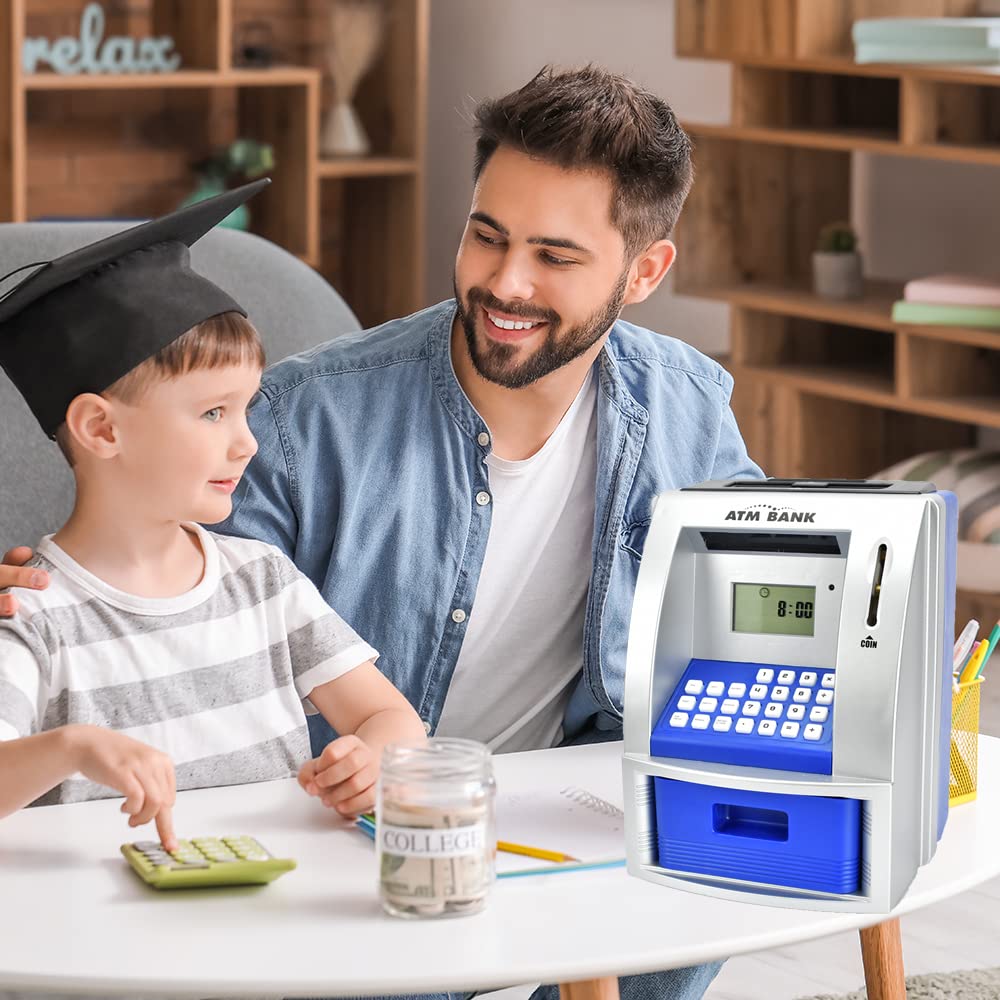 Toy Talking Atm Bank Atm Machine Savings Bank For Kids –Works Like A Real One- Deposit, Withdraw, Debit Card, Saving Target, Timer And Clock - Blue