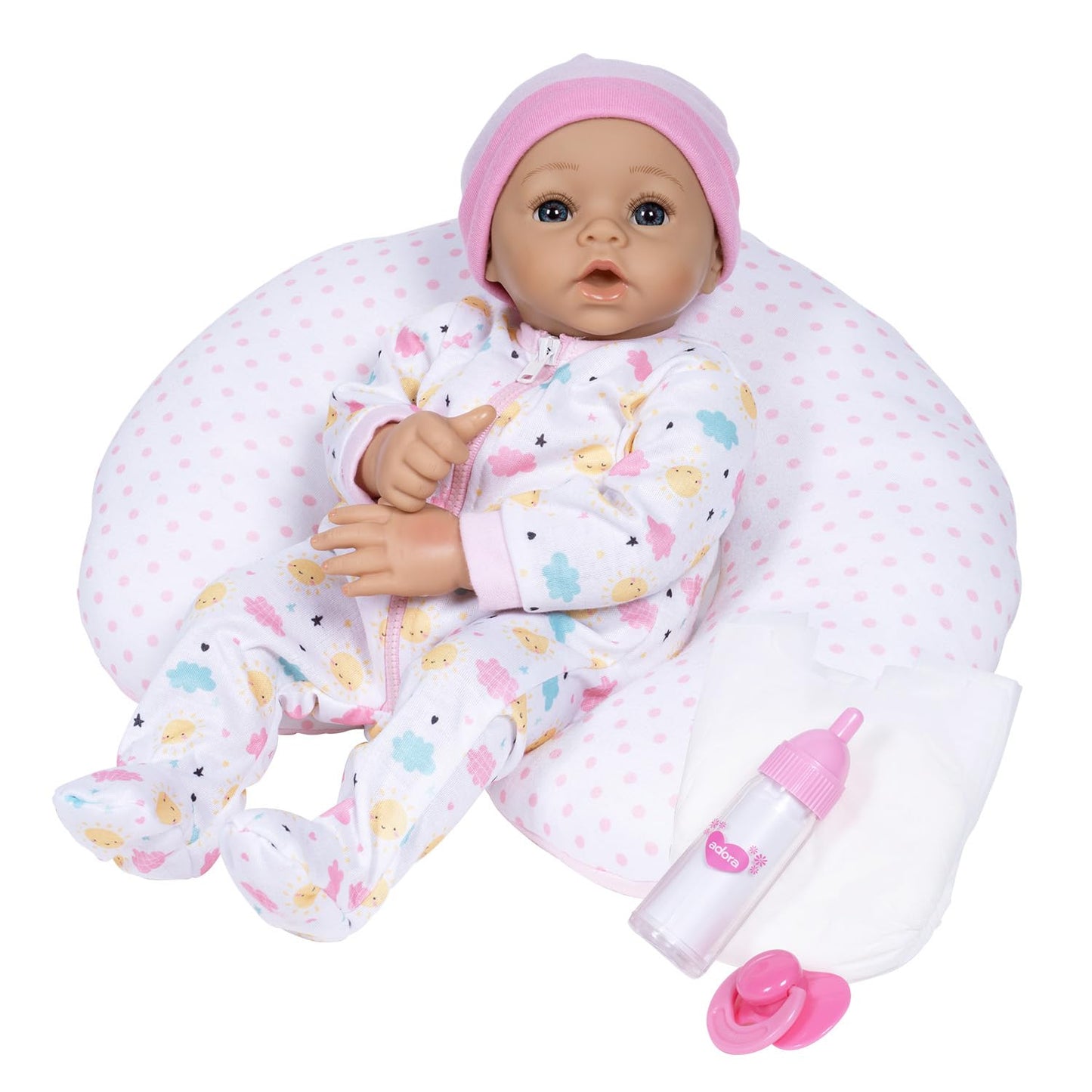 Adora Sunshine, 14” Realistic Doll With Feeding Pillow Set With Accessories Including Sun-Printed Onesie, Beanie, Pacifier, Feeding Pillow, Diapers And Milk Bottle Birthday Gift For Ages 3+