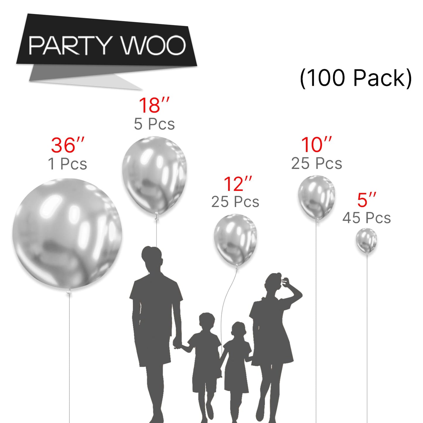 Partywoo Metallic Silver Balloons, 100 Pcs Silver Metallic Balloons Different Sizes Pack Of 36 Inch 18 Inch 12 Inch 10 Inch 5 Inch Chrome Silver Balloons For Birthday Party Decorations, Silver-G102