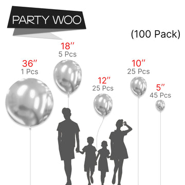 Partywoo Metallic Silver Balloons, 100 Pcs Silver Metallic Balloons Different Sizes Pack Of 36 Inch 18 Inch 12 Inch 10 Inch 5 Inch Chrome Silver Balloons For Birthday Party Decorations, Silver-G102