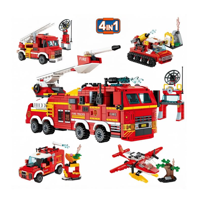Sky Line Ocean 4In1 Fire Truck Building Block Set, 942+ Pcs MultiModel Fire Rescue Vehicle Kit With Fire Engine & Equipment, 