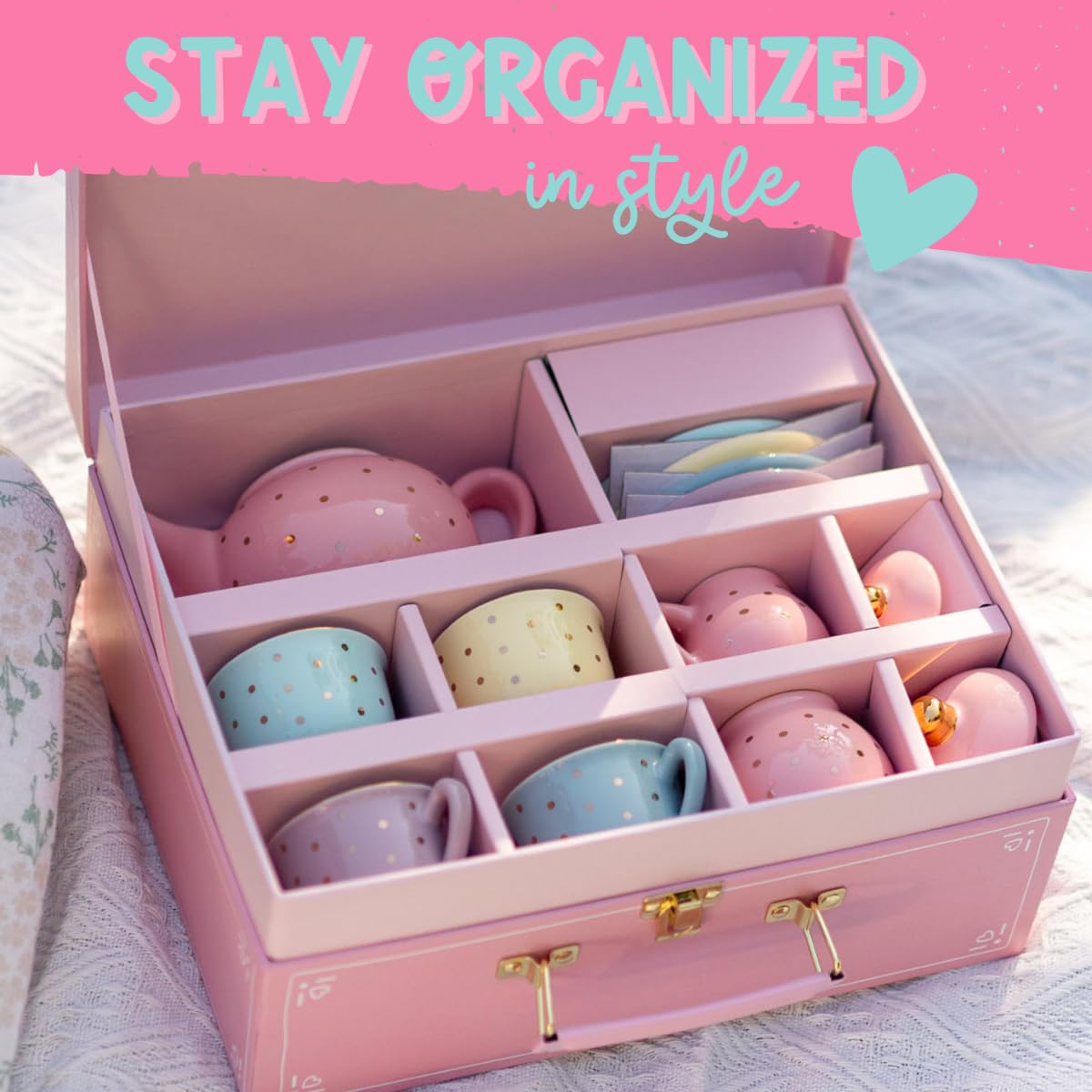 Porcelain Tea Set for Girls - Pastel with Gold Polka Dot Tea Party Set for Kids I Complete Children Tea Sets with Carry Case, Bi