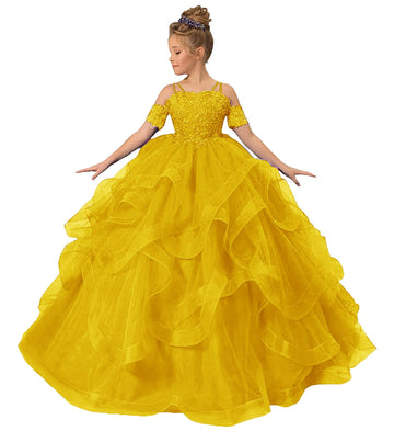 Zpvp Long Girls Pageant Dress Mustard Yellow Flower Girl Dress Princess Ruffles Beaded Appliques Tulle Wedding Party Costumes Us
