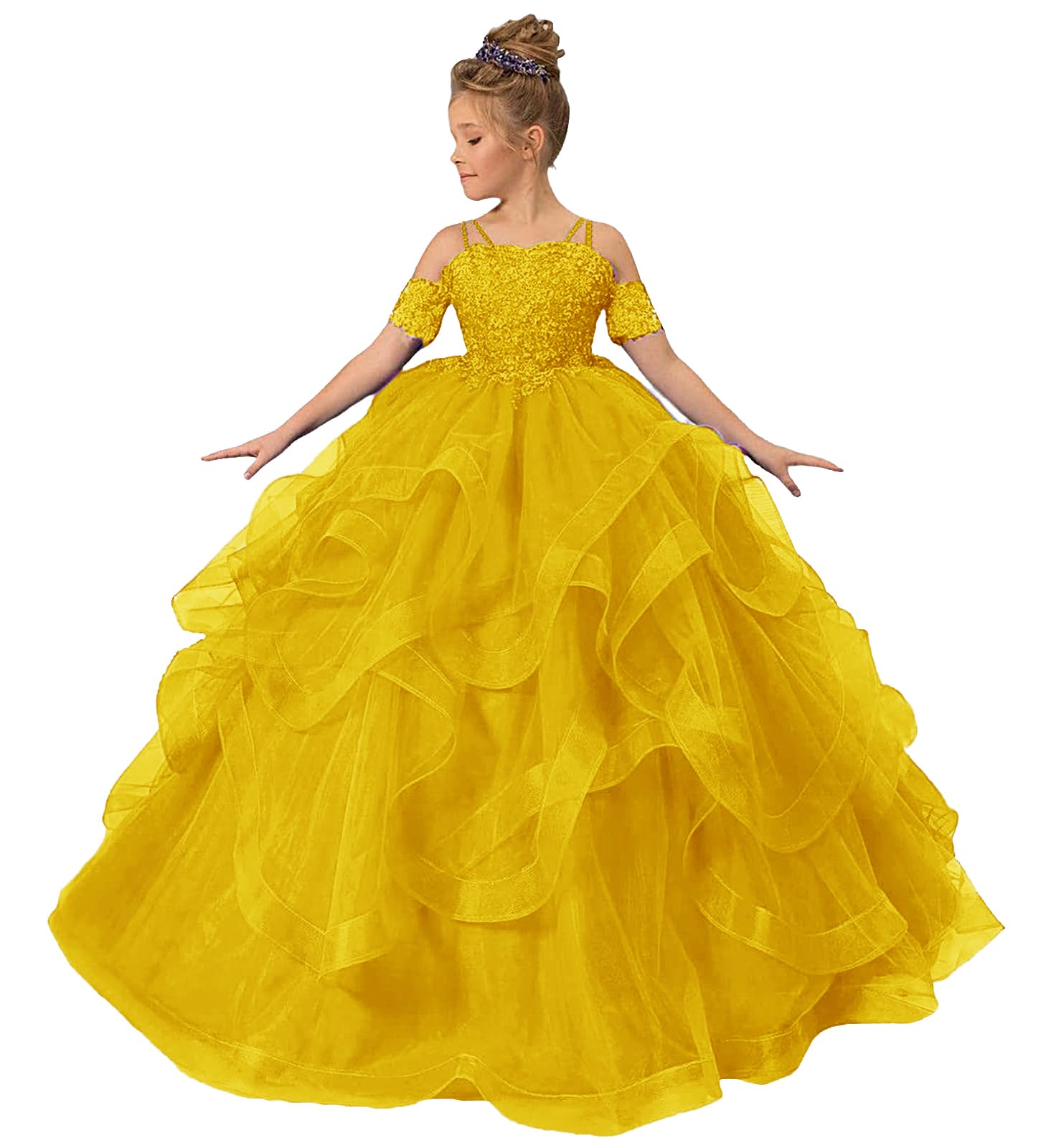Zpvp Mustard Yellow Long Girls Pageant Dress Ruffles Princess Flower Girl Dress Beaded Appliques Tulle Wedding Party Costumes Us