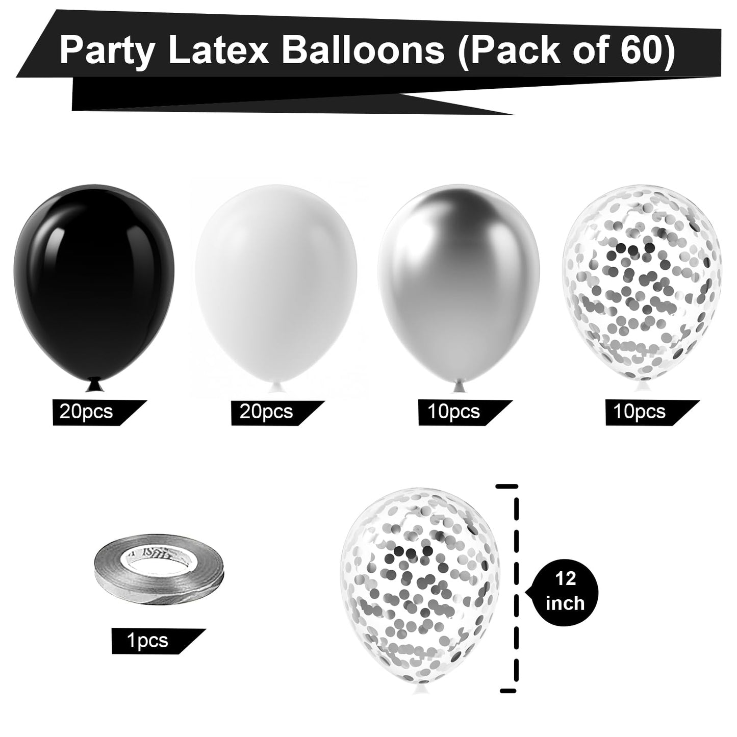 Bezente 12" Black Silver Confetti Latex Balloons, 60pcs Rubber for Birthday, Baby Shower, Wedding, Silver Theme Party Decor