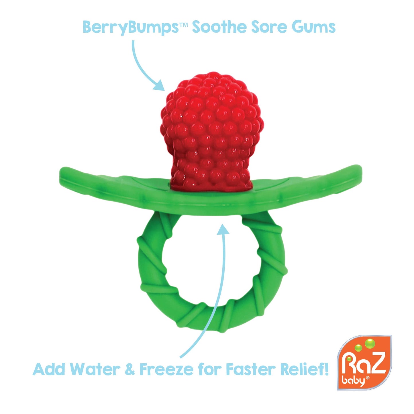 Razbaby Razberry Silicone Teether Pacifier – Teething Relief For Infants, Food-Grade, Bpa-Free, Hands-Free, Natural Berrybumps Fruit Texture For Sensory Development, Freezable, 2-Pack - Red & Blue