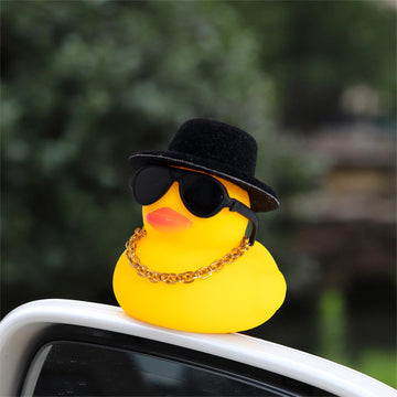 wonuu Car Rubber Duck Decoration - Yellow Duck with Sun Hat, Sunglasses & Swim Ring, Small, Black Top Hat-Transparent