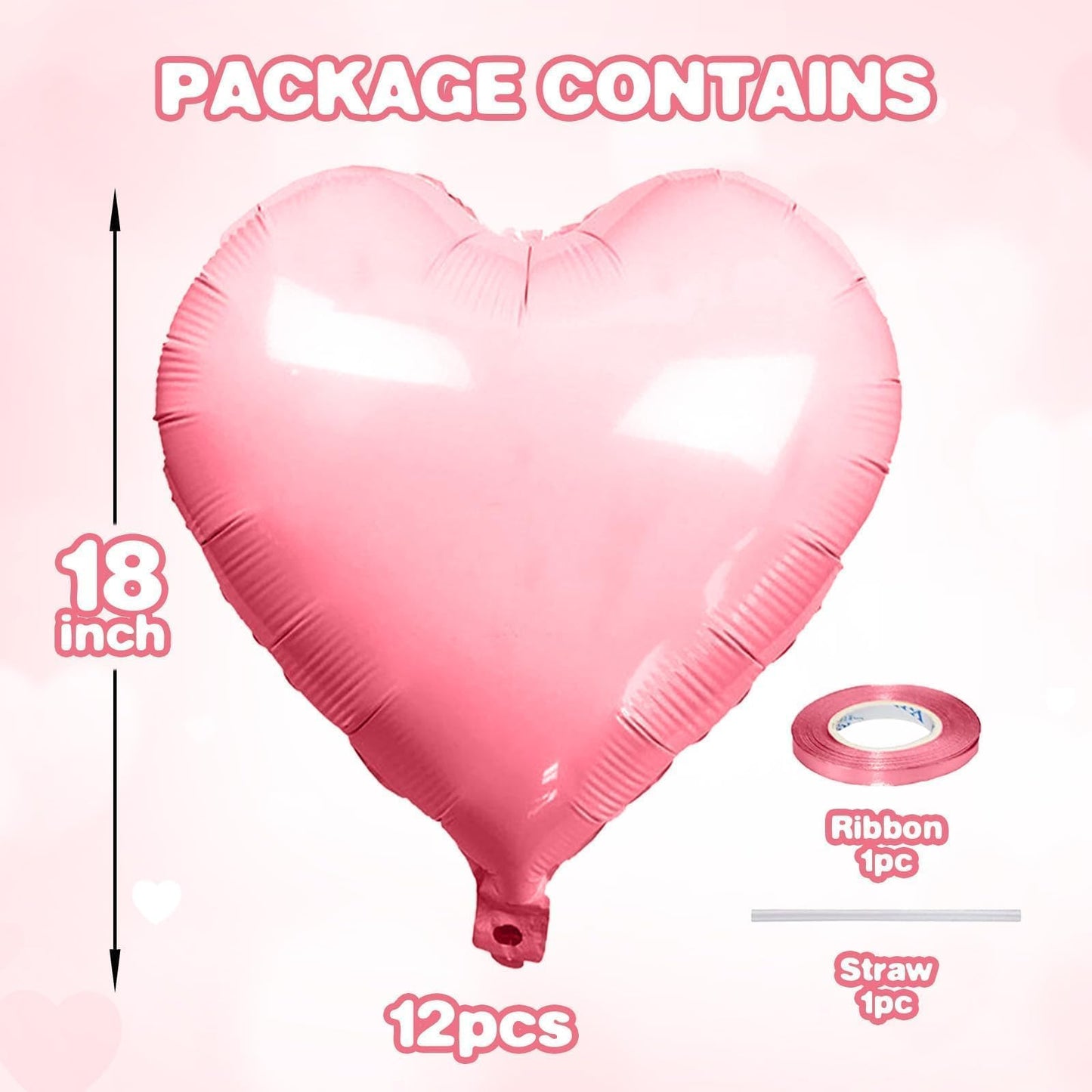 12 Pcs Heart Balloons, 18 inch Pink Heart Shaped Balloons, Big Heart Helium Balloons, Heart Love Foil Balloons for Wedding Baby