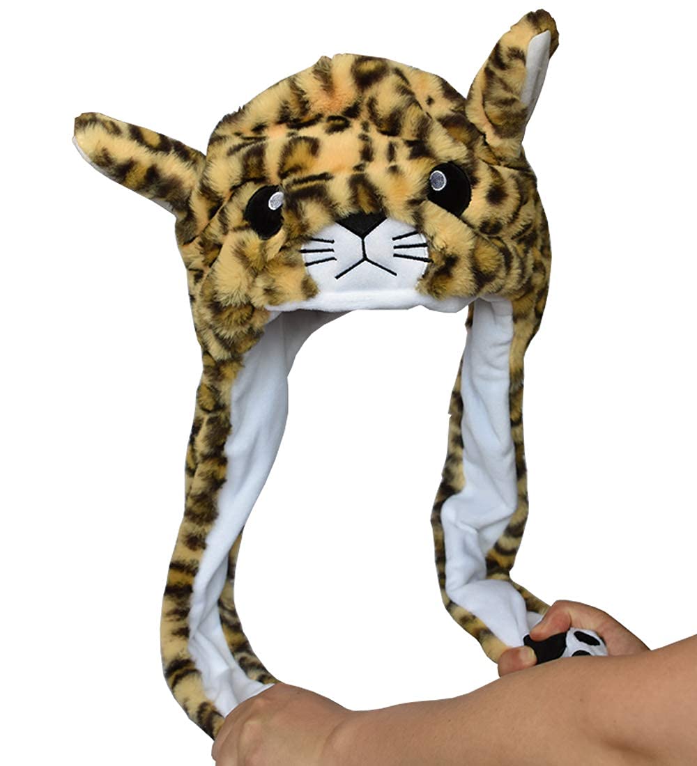 JOYHY Kids Adults Plush Hat Ear Moving Ear Flap Hat With Paw Brown Leopard