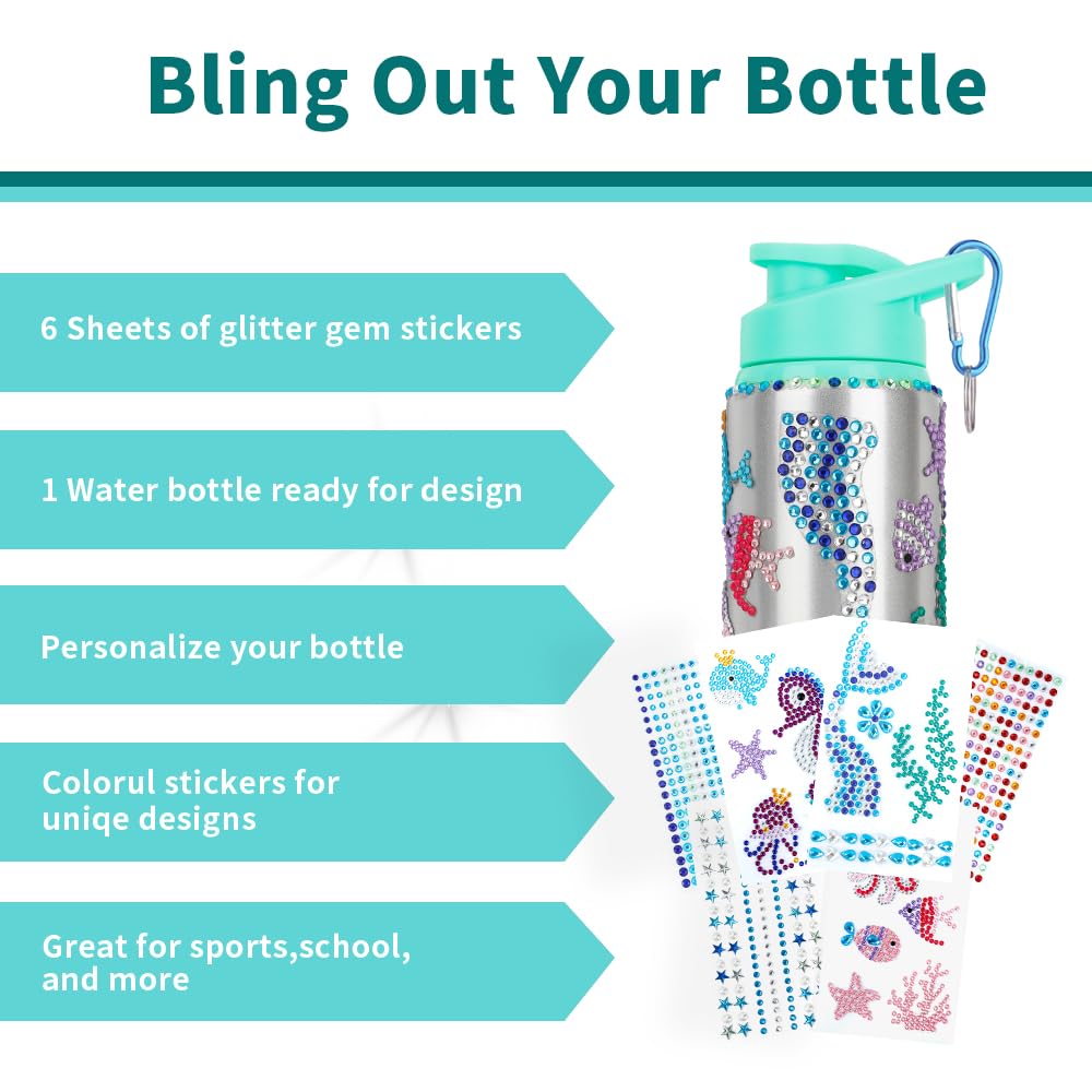 Gift For Kids, Decorate Your Own Water Bottle Kits For Girls Age 4-6-8-10-12, Mermaid Gem Stickers Crafts, Fun Diy Arts And Craf