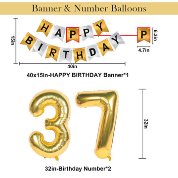 Naninuneno 37Th Gold Birthday Decorations, Gold Black Silver Happy Birthday Balloons Supplies For Boy Men Girl Women, 37 Birthda