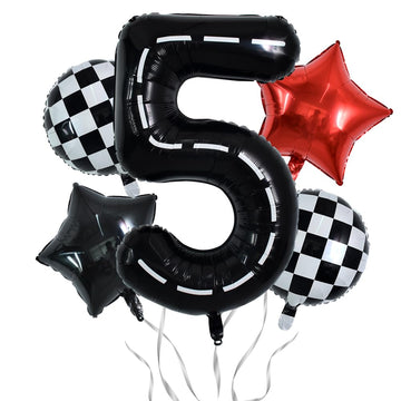 Toniful 40 Inch Race Car 5Th Birthday Balloons Racetrack Number 5 Black Balloons Wheel Tire Balloons Black White Checkered Ballo