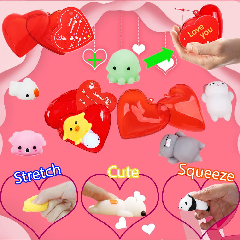 Valentines Party Favors Set, 28 Pcs Mochi Squishies Toys Filled Hearts And Valentines Day Cards For Kids Valentine'S Day Exchange Gift, Kawaii Stress Relief Anxiety Toys For Valentine Basket Stuffers