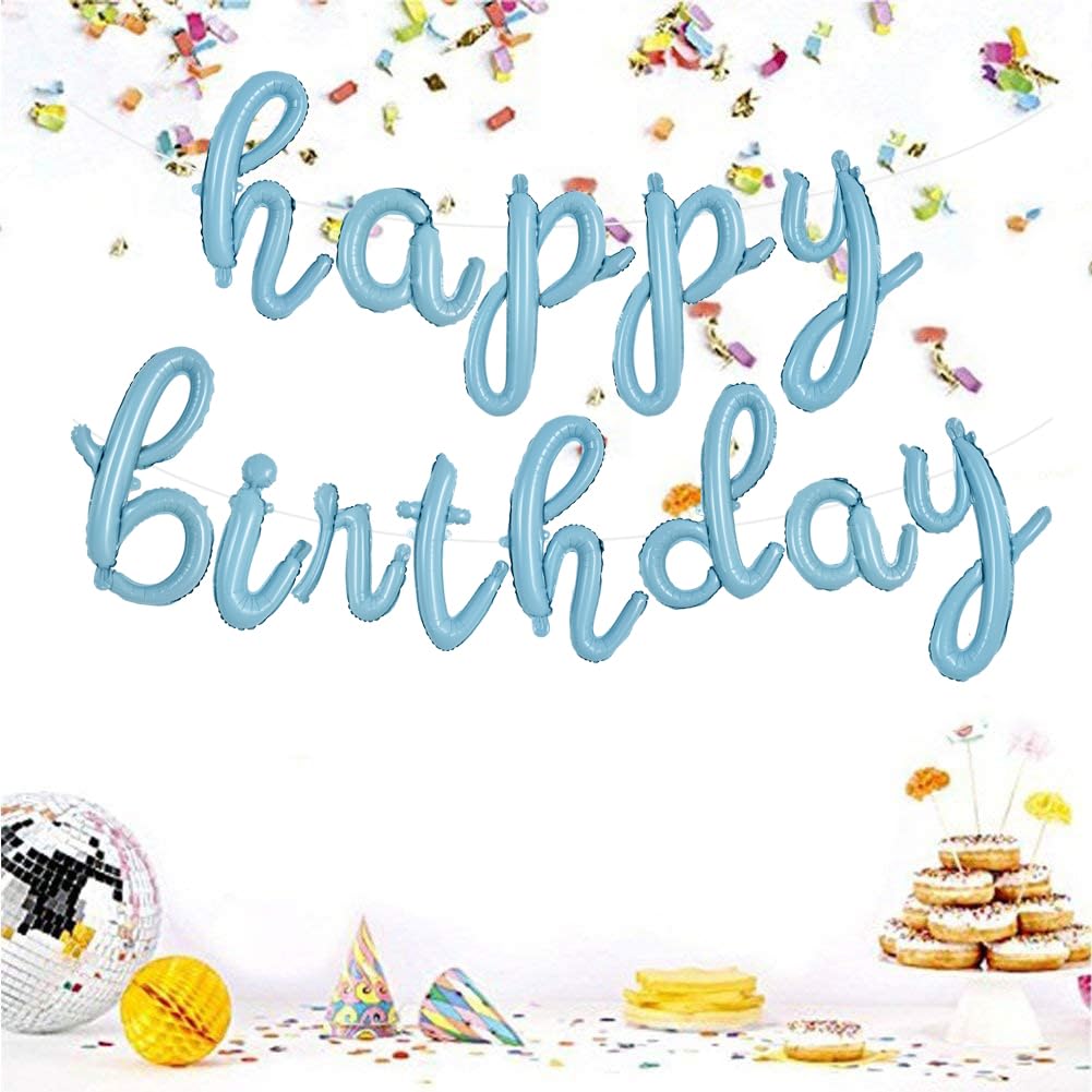 Toniful Light Blue Happy Birthday Balloons Banner,Cursive Happy Birthday Balloons Light Blue Birthday Decorations Light Blue Myl