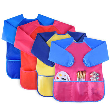 Kuuqa 4Pcs Waterproof Kids Play Art Smock, Children'S Painting Aprons With Long Sleeve And 3 Pockets For Painting, Feeding，Age 2-6 Years (Paints And Brushes Not Included)