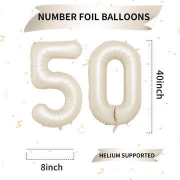 Biapian 40 Inch Cream Number 50 Balloon, 50Th Birthday Balloons, Big Digital 50 Beige White Giant 50 Foil Balloon Helium For Men
