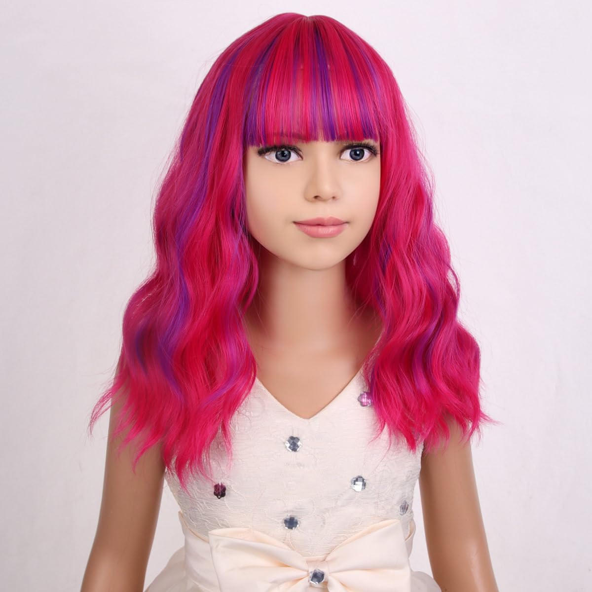 Pattnium Rose Mixed Purple Wig For Kids Child Magenta Wig With Bangs Girls Neon Pink Wig Cosplay Halloween Party Costume Wig
