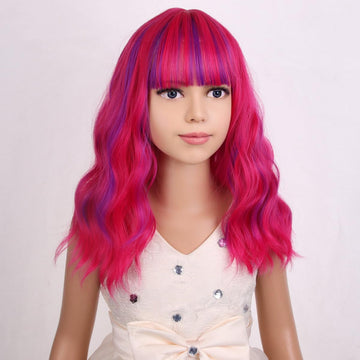 Pattnium Rose Mixed Purple Wig For Kids Child Magenta Wig With Bangs Girls Neon Pink Wig Cosplay Halloween Party Costume Wig