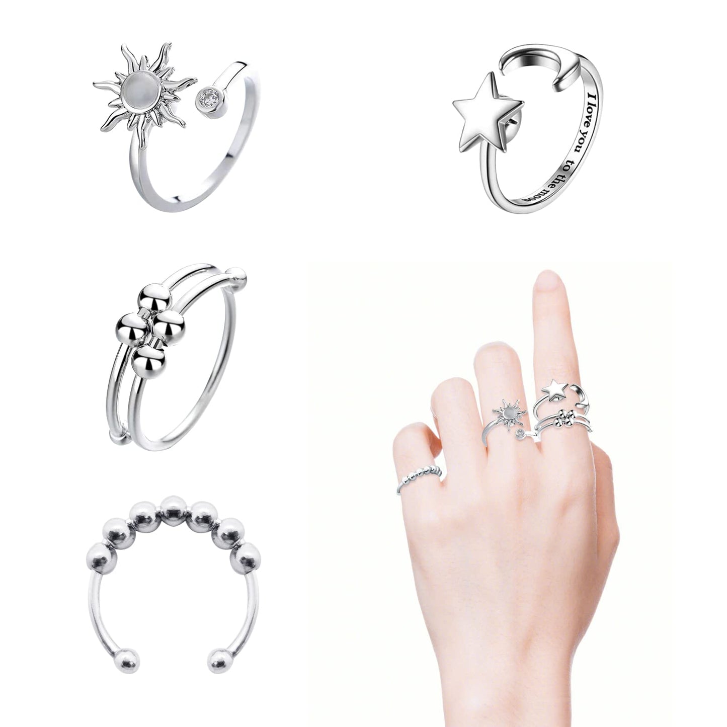 Atceme 4Pcs Fidget Rings For Women Adjustable Stress Relief Fidget Spinner Ring Stainless Steel Sun Moon Star Bead Rotatable Fid