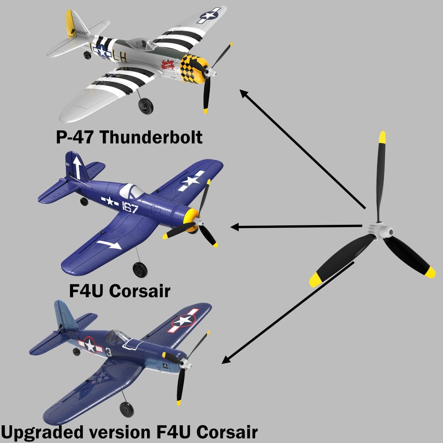 LEAMBE 3 Sets Spare RC Plane Propellers Compatible with F4U Corsair & P47 Thunderbolt Remote Control Airplane Nose Cone