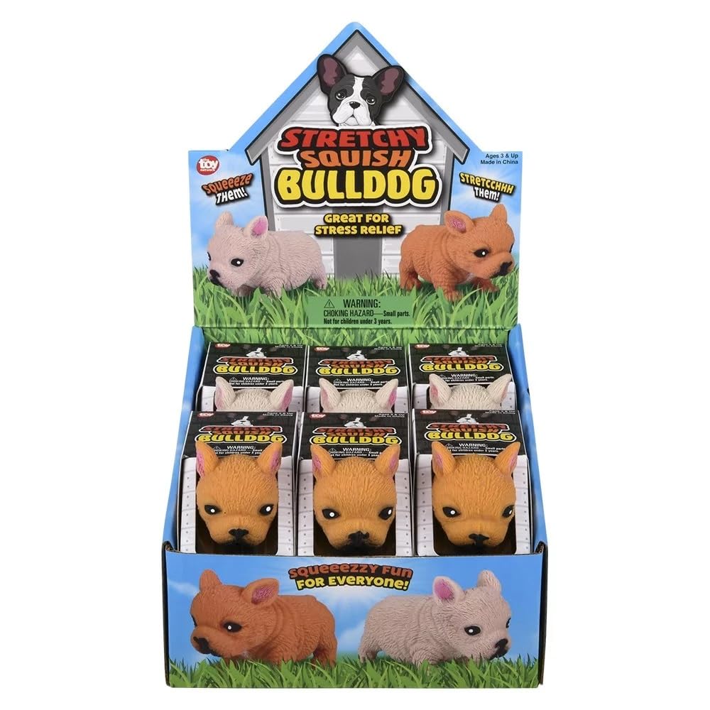 Squishy Stretchy Bulldog 12 Pack (2.5'' to 6.5'') Rubber Fidget Sensory Toy Filled with Sand. Great Stress Relief Dog Toy for Ki